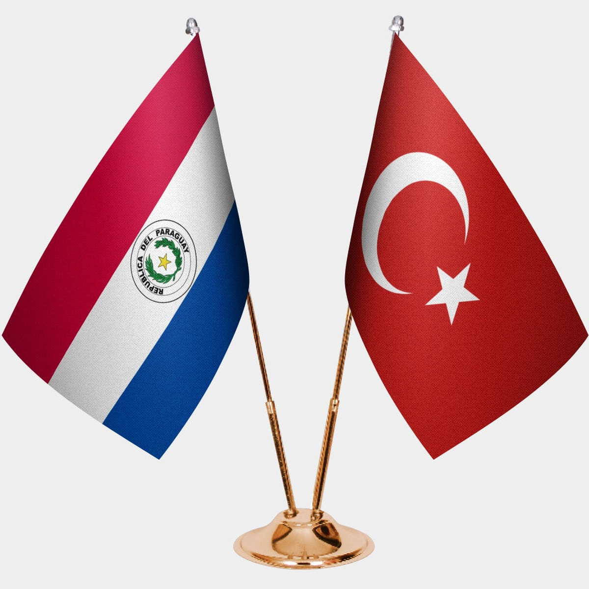 Paraguay and Türkiye dual desk flag set with gold pedestal, satin office table flag