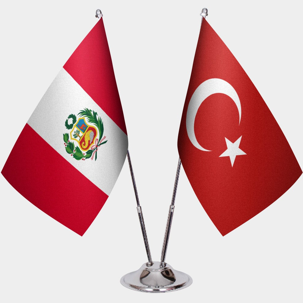 Peru and Türkiye dual desk flag set with chrome silver pedestal, satin office table flag