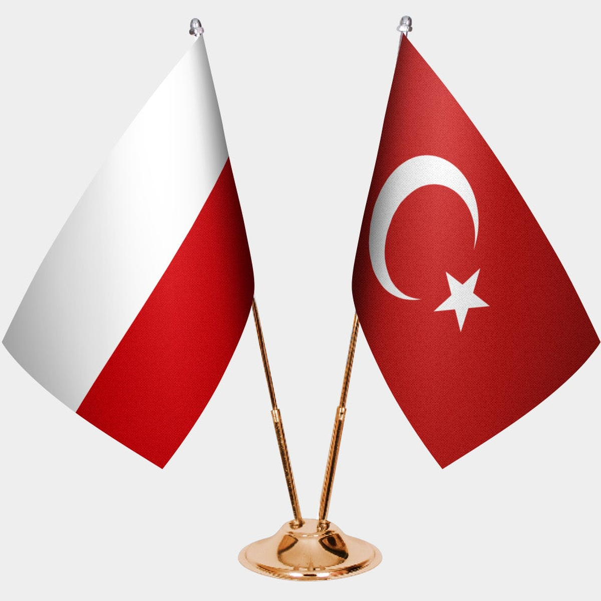 Poland and Türkiye dual desk flag set with gold pedestal, satin office table flag