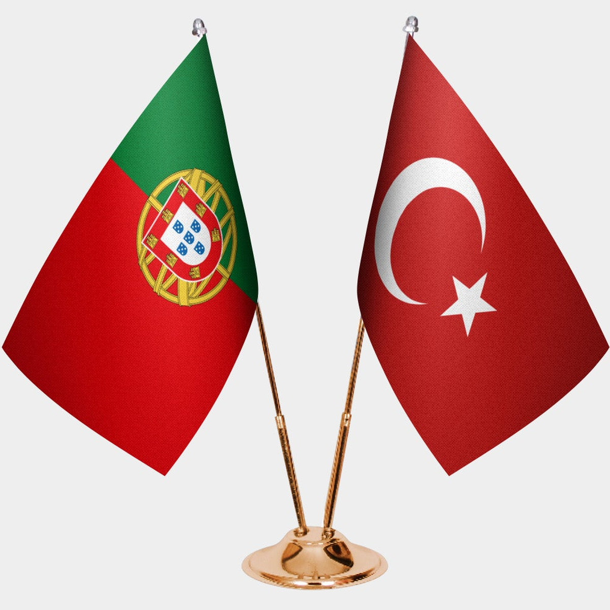 Portugal and Türkiye dual desk flag set with gold pedestal, satin office table flag