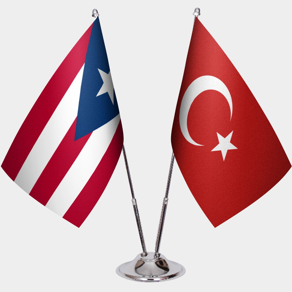 Puerto Rico and Türkiye dual desk flag set with chrome silver pedestal, satin office table flag