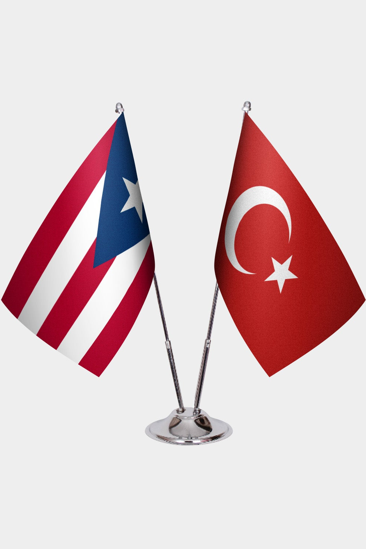 Puerto Rico and Türkiye dual desk flag set with chrome silver pedestal, satin office table flag