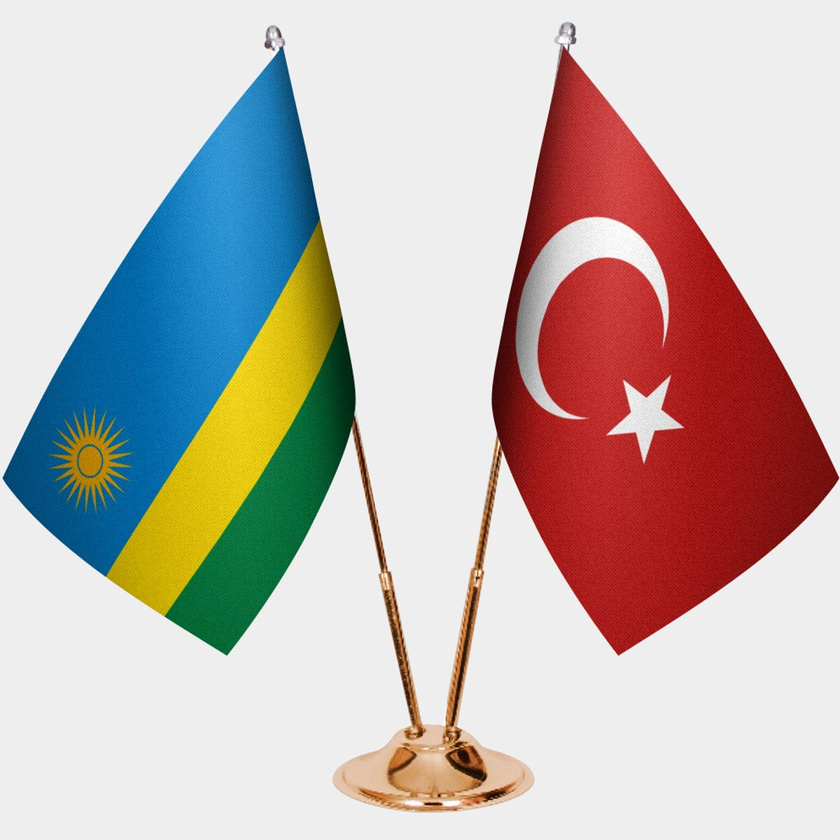 Rwanda and Türkiye dual desk flag set with gold pedestal, satin office table flag