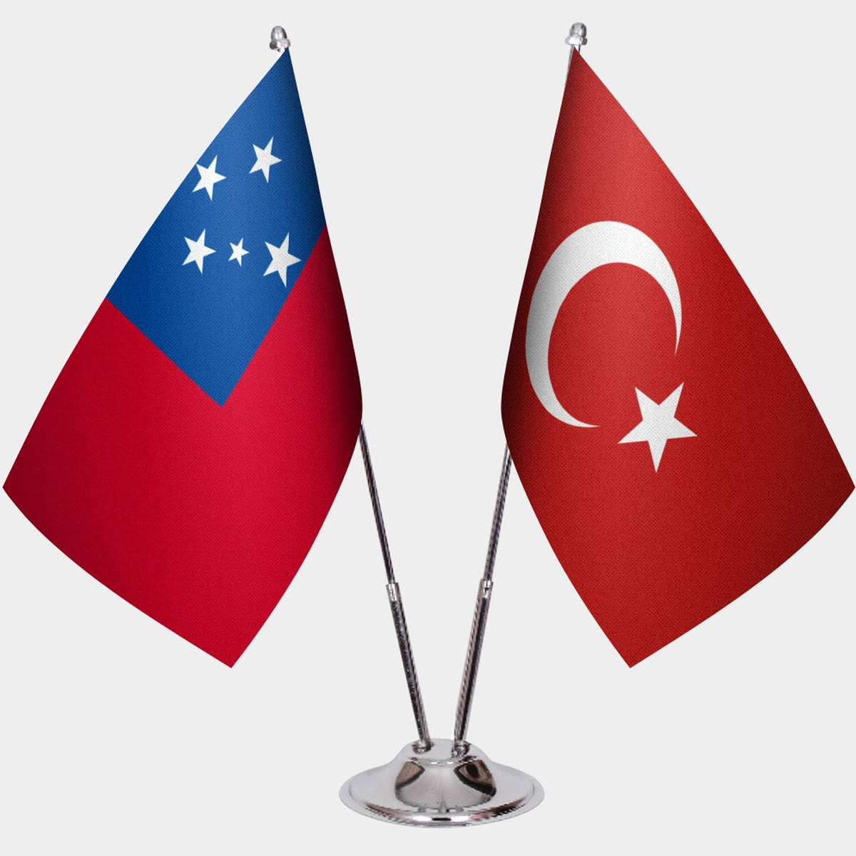 Samoa and Türkiye dual desk flag set with chrome silver pedestal, satin office table flag