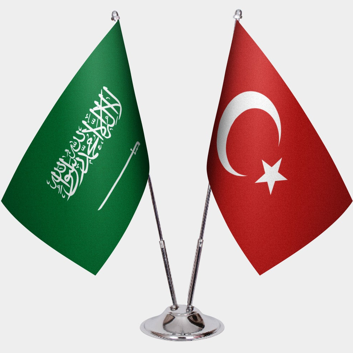 Saudi Arabia and Türkiye dual desk flag set with chrome silver pedestal, satin office table flag