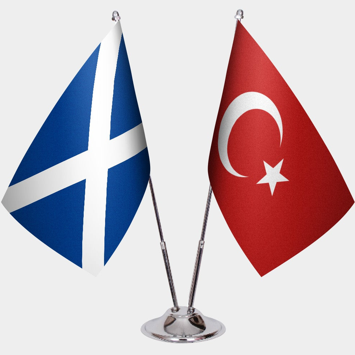 Scotland and Türkiye dual desk flag set with chrome silver pedestal, satin office table flag