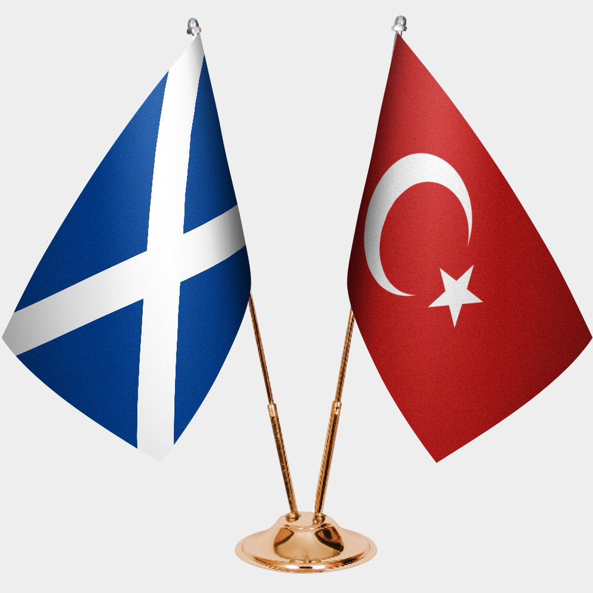 Scotland and Türkiye dual desk flag set with gold pedestal, satin office table flag