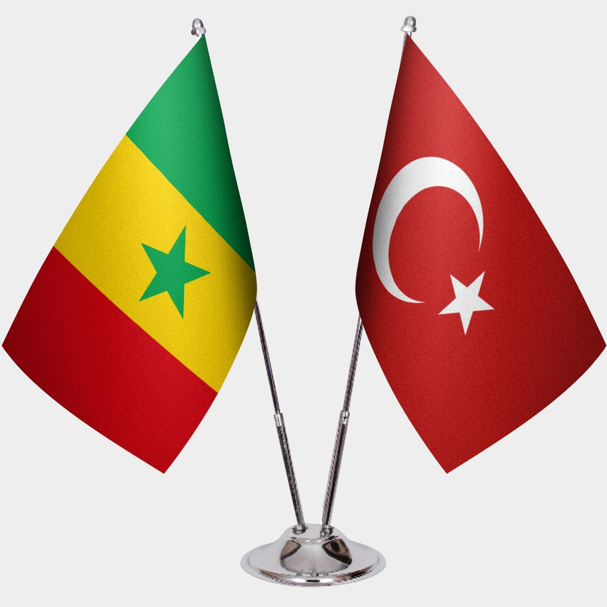 Senegal and Türkiye dual desk flag set with chrome silver pedestal, satin office table flag