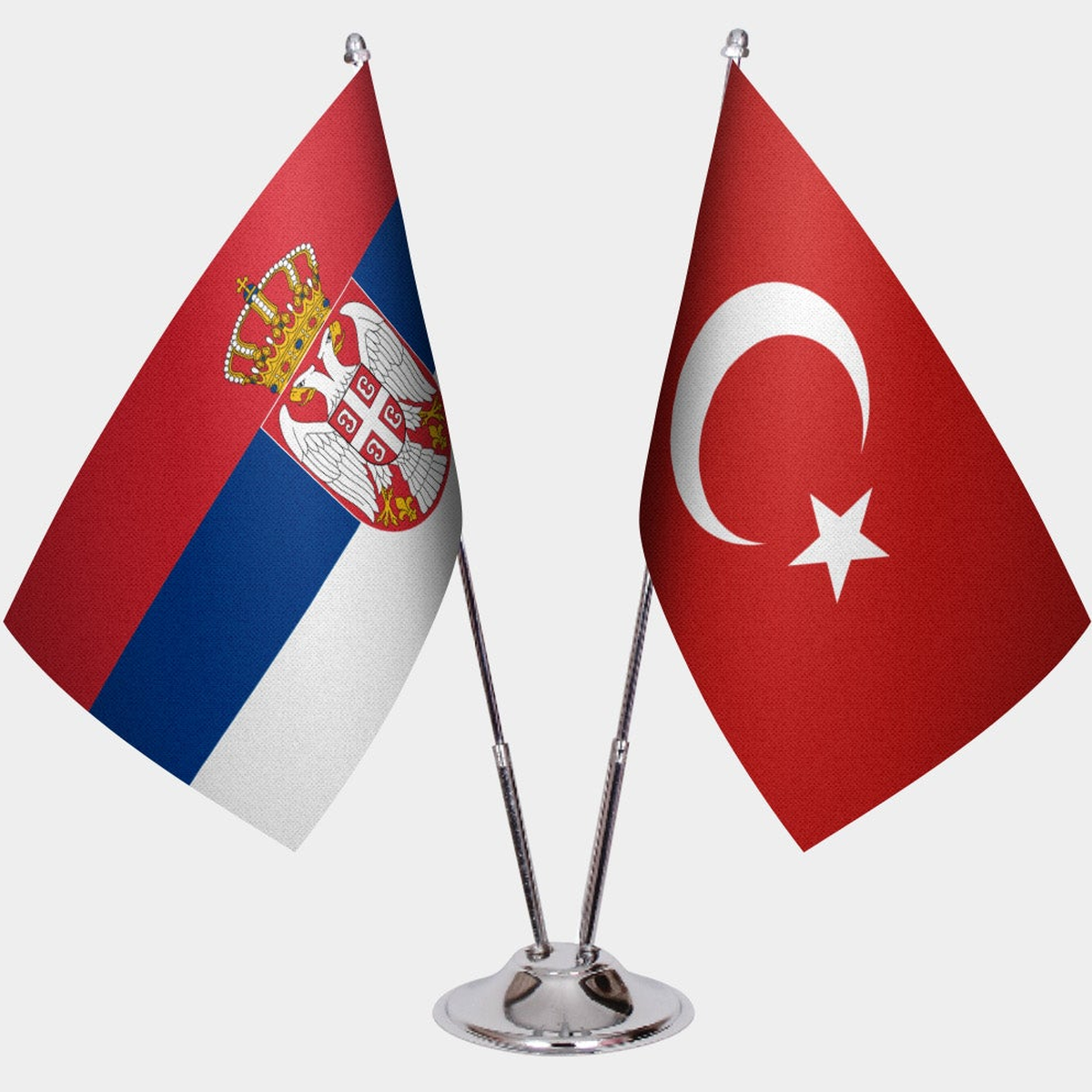 Serbia and Türkiye dual desk flag set with chrome silver pedestal, satin office table flag