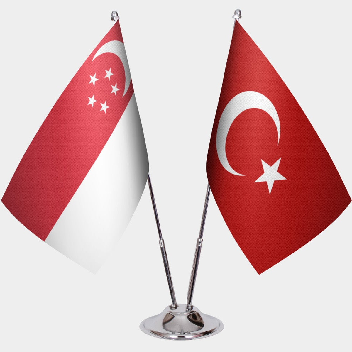 Singapore and Türkiye dual desk flag set with chrome silver pedestal, satin office table flag