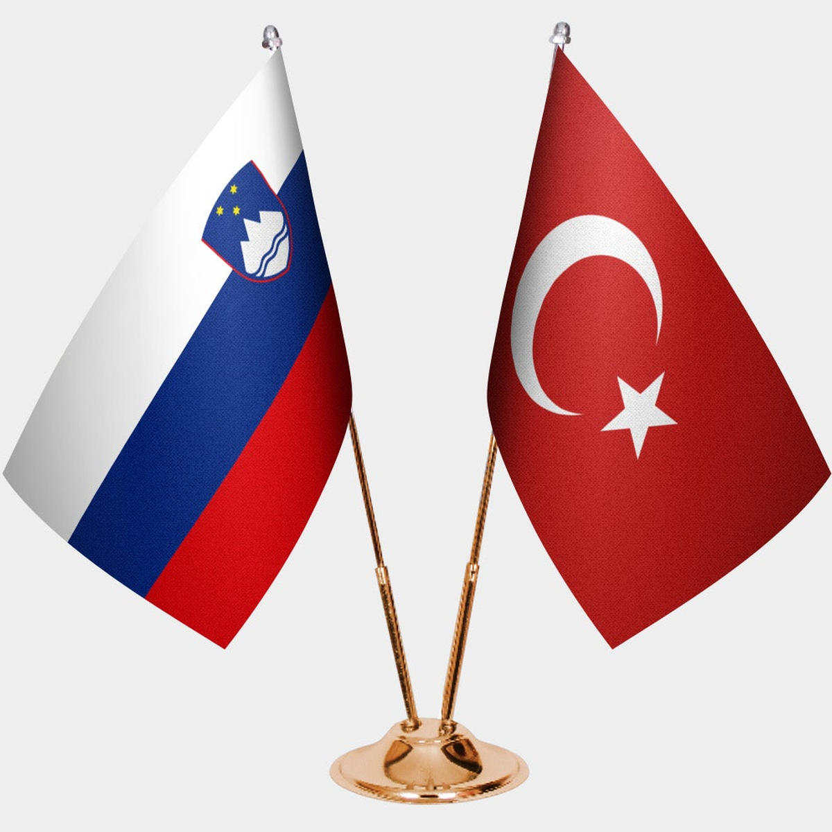 Slovenia and Türkiye dual desk flag set with gold pedestal, satin office table flag