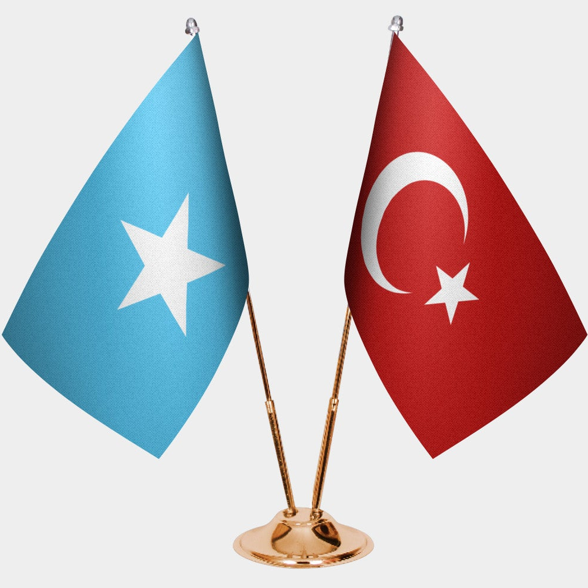 Somalia and Türkiye dual desk flag set with gold pedestal, satin office table flag