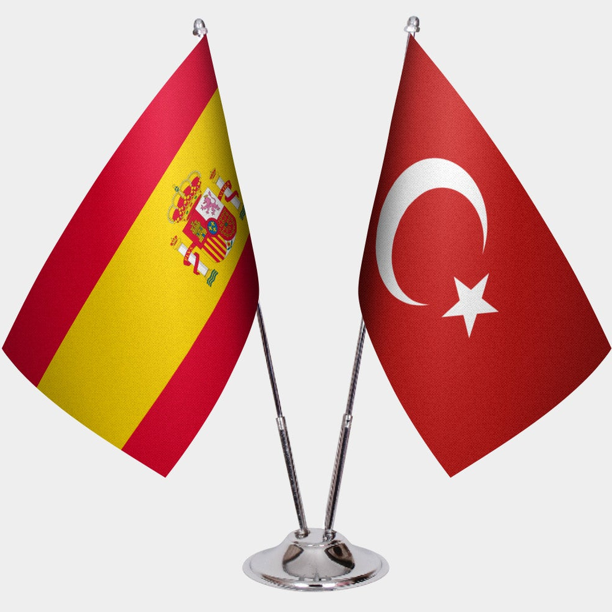 Spain and Türkiye dual desk flag set with chrome silver pedestal, satin office table flag