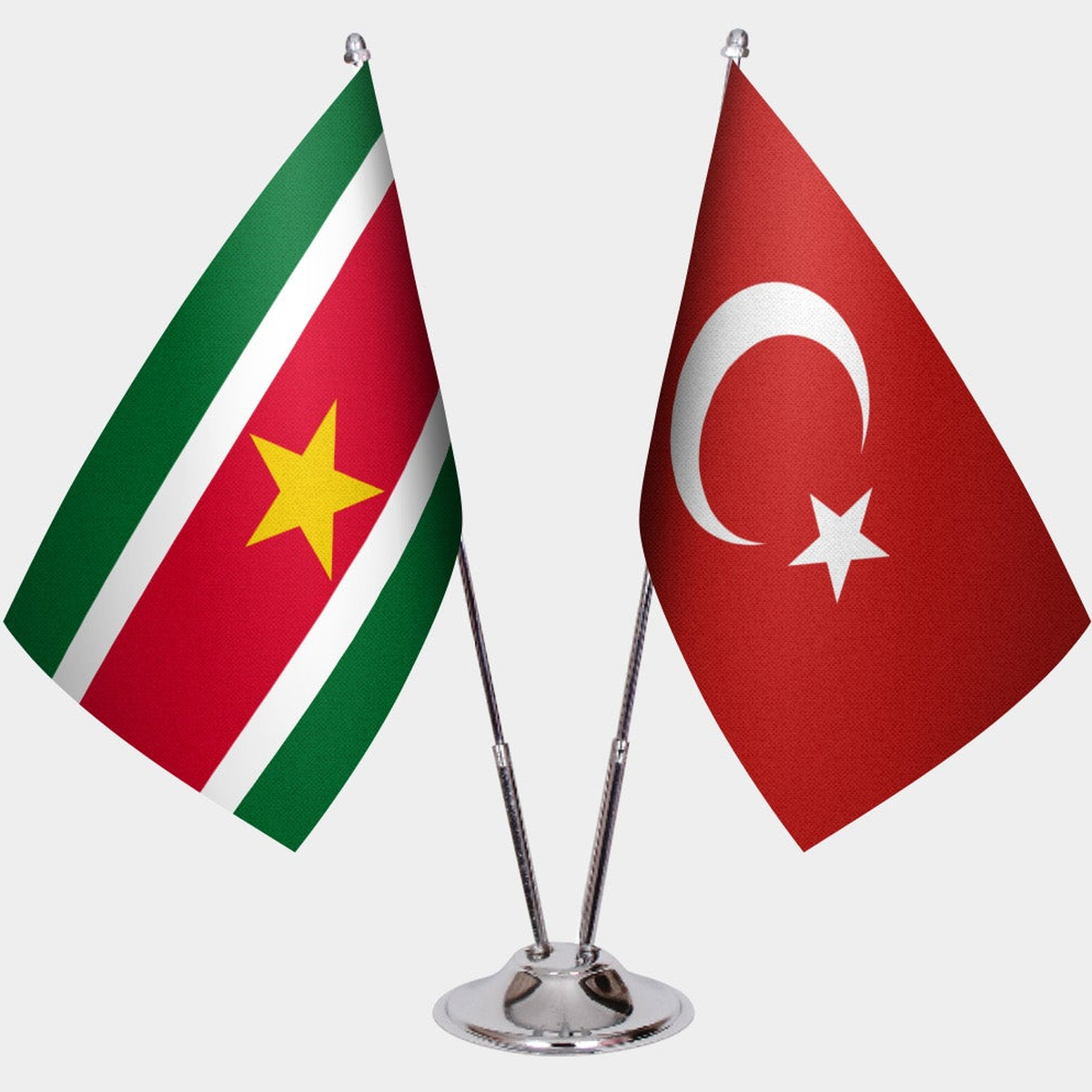 Suriname and Türkiye dual desk flag set with chrome silver pedestal, satin office table flag