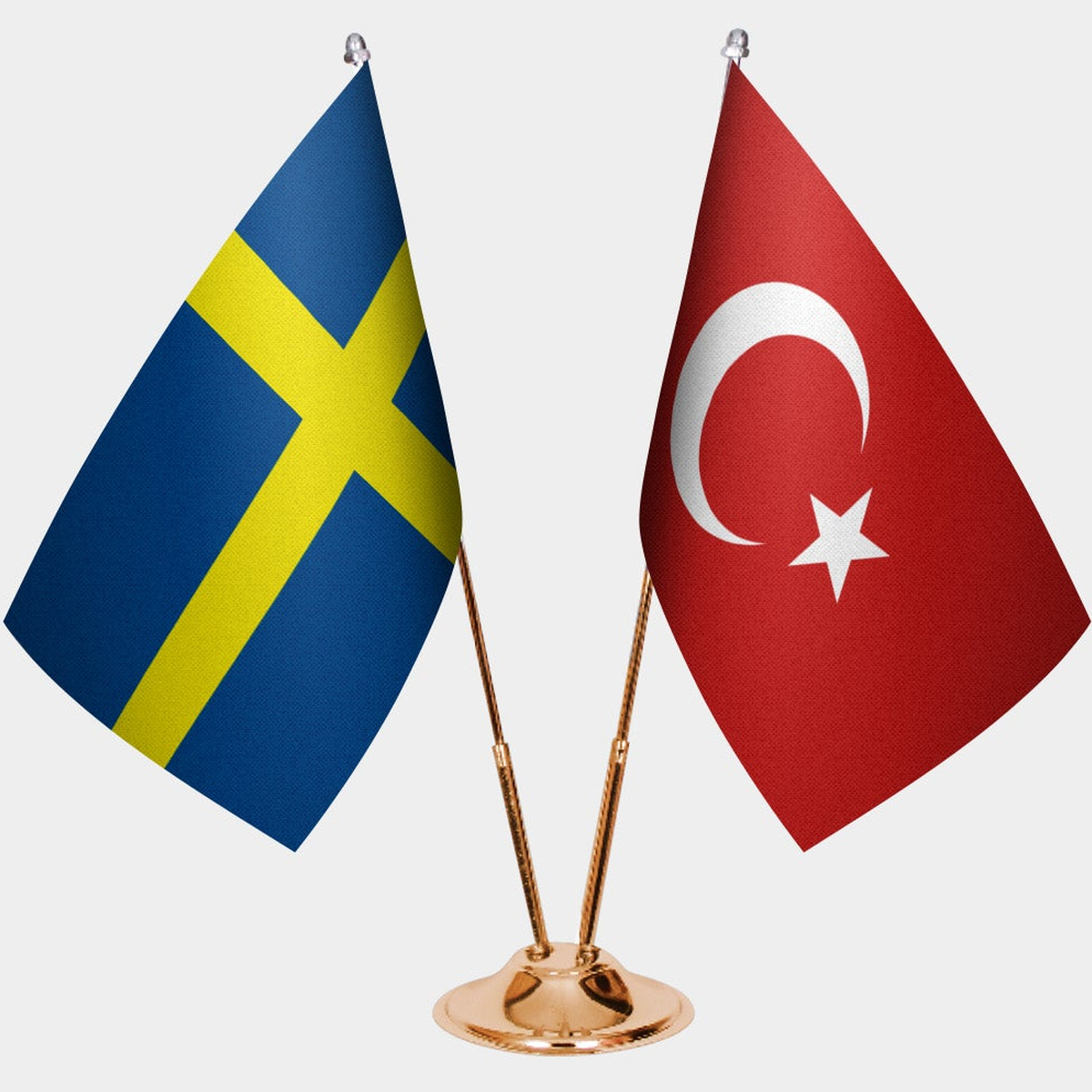 Sweden and Türkiye dual desk flag set with gold pedestal, satin office table flag