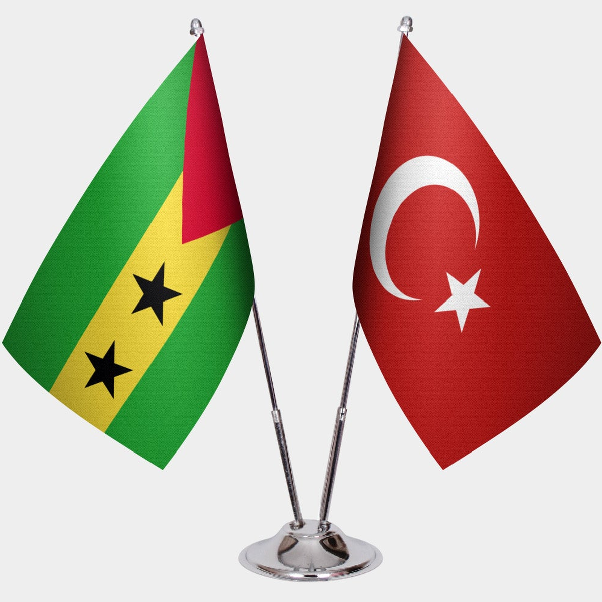 São Tomé & Príncipe and Türkiye dual desk flag set with chrome silver pedestal, satin office table flag
