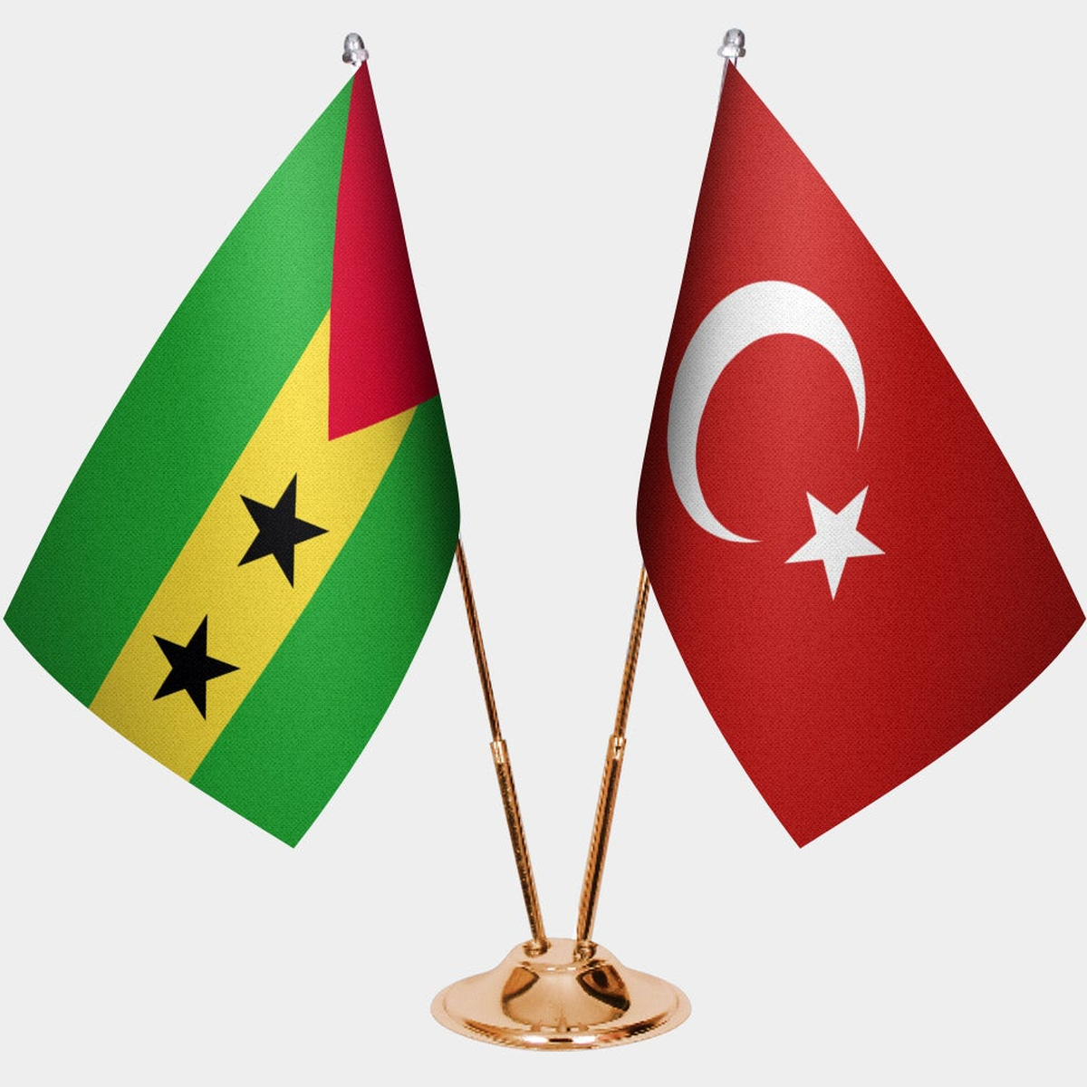 São Tomé & Príncipe and Türkiye dual desk flag set with gold pedestal, satin office table flag