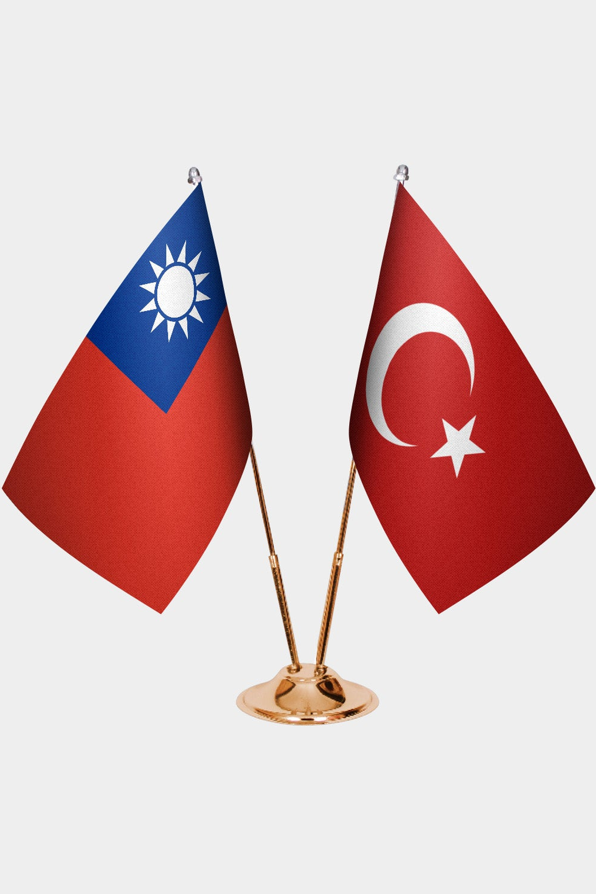 Taiwan and Türkiye dual desk flag set with gold pedestal, satin office table flag