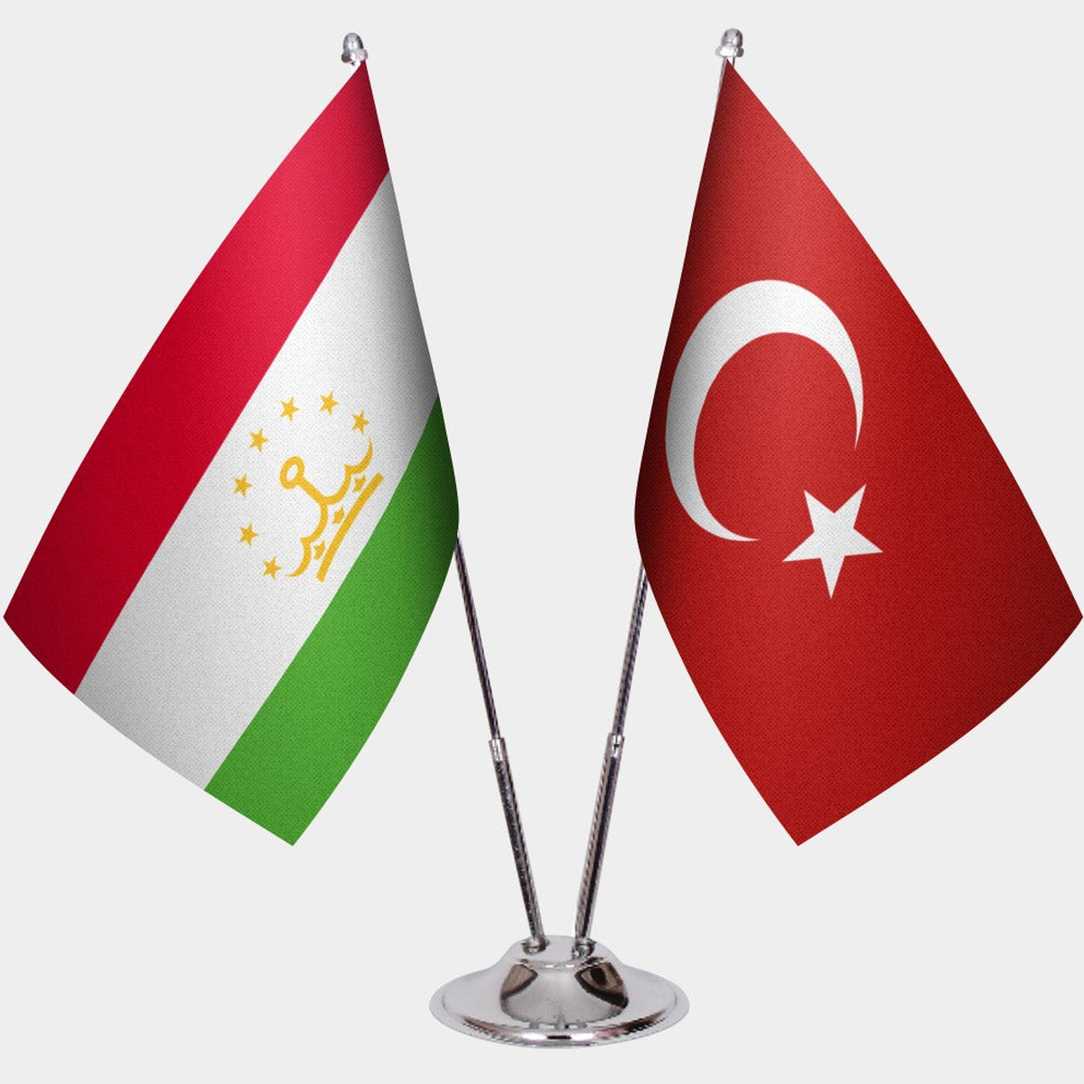 Tajikistan and Türkiye dual desk flag set with chrome silver pedestal, satin office table flag
