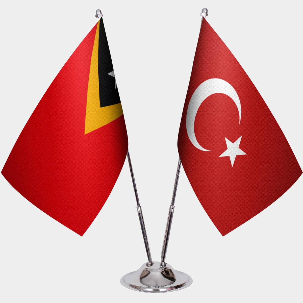 Timor-Leste and Türkiye dual desk flag set with chrome silver pedestal, satin office table flag