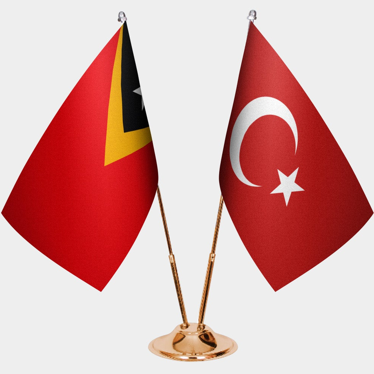 Timor-Leste and Türkiye dual desk flag set with gold pedestal, satin office table flag