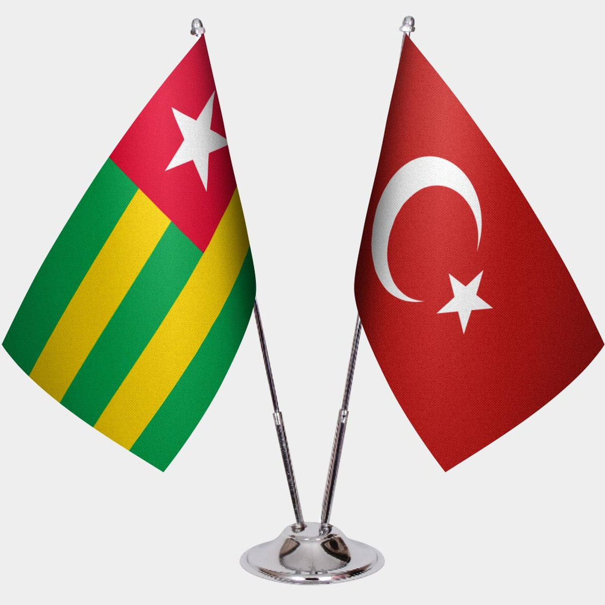 Togo and Türkiye dual desk flag set with chrome silver pedestal, satin office table flag