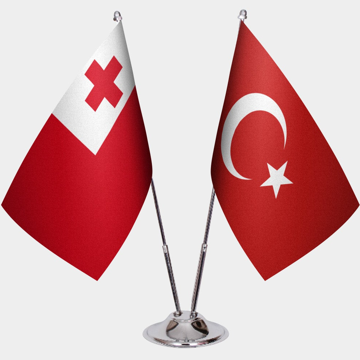 Tonga and Türkiye dual desk flag set with chrome silver pedestal, satin office table flag