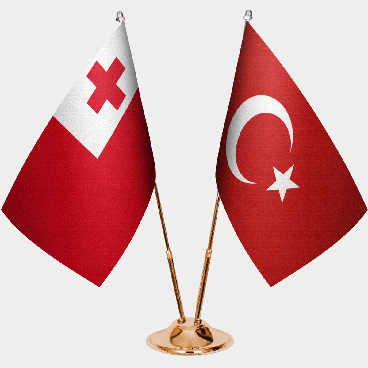 Tonga and Türkiye dual desk flag set with gold pedestal, satin office table flag