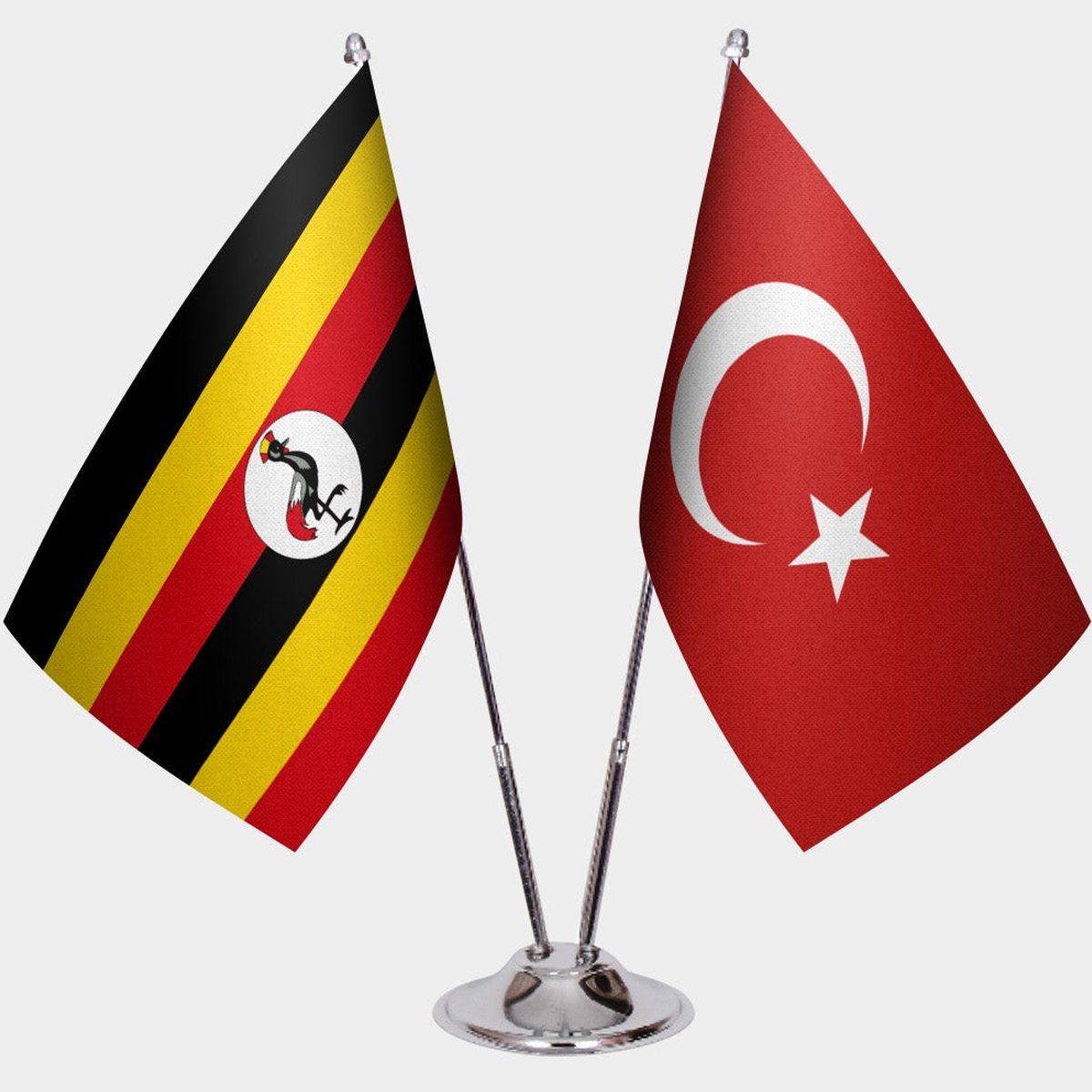Uganda and Türkiye dual desk flag set with chrome silver pedestal, satin office table flag