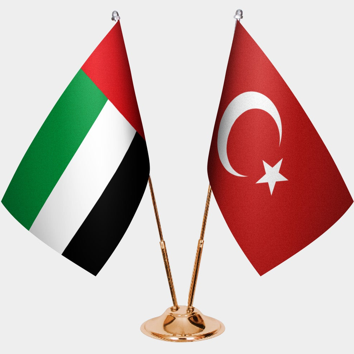 United Arab Emirates and Türkiye dual desk flag set with gold pedestal, satin office table flag