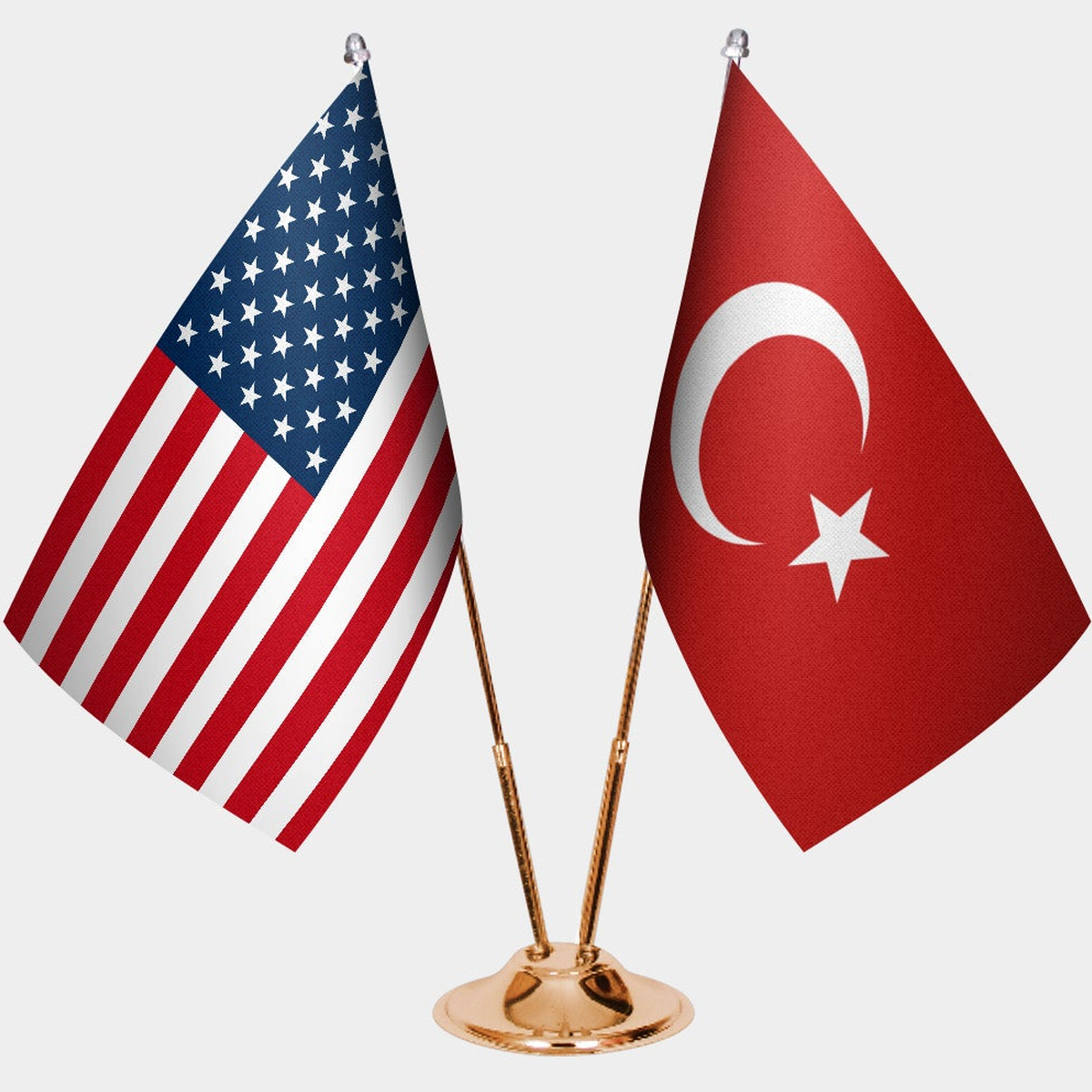 United States and Türkiye dual desk flag set with gold pedestal, satin office table flag