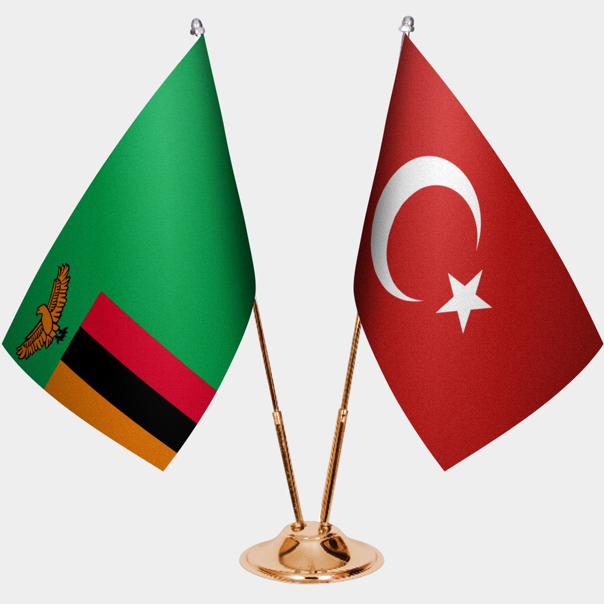 Zambia and Türkiye dual desk flag set with gold pedestal, satin office table flag