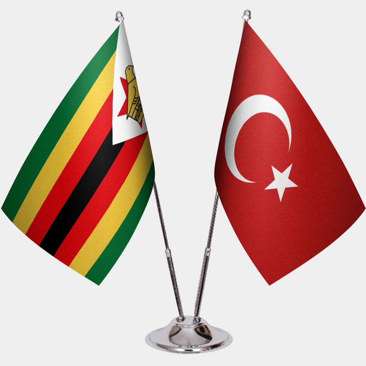 Zimbabwe and Türkiye dual desk flag set with chrome silver pedestal, satin office table flag