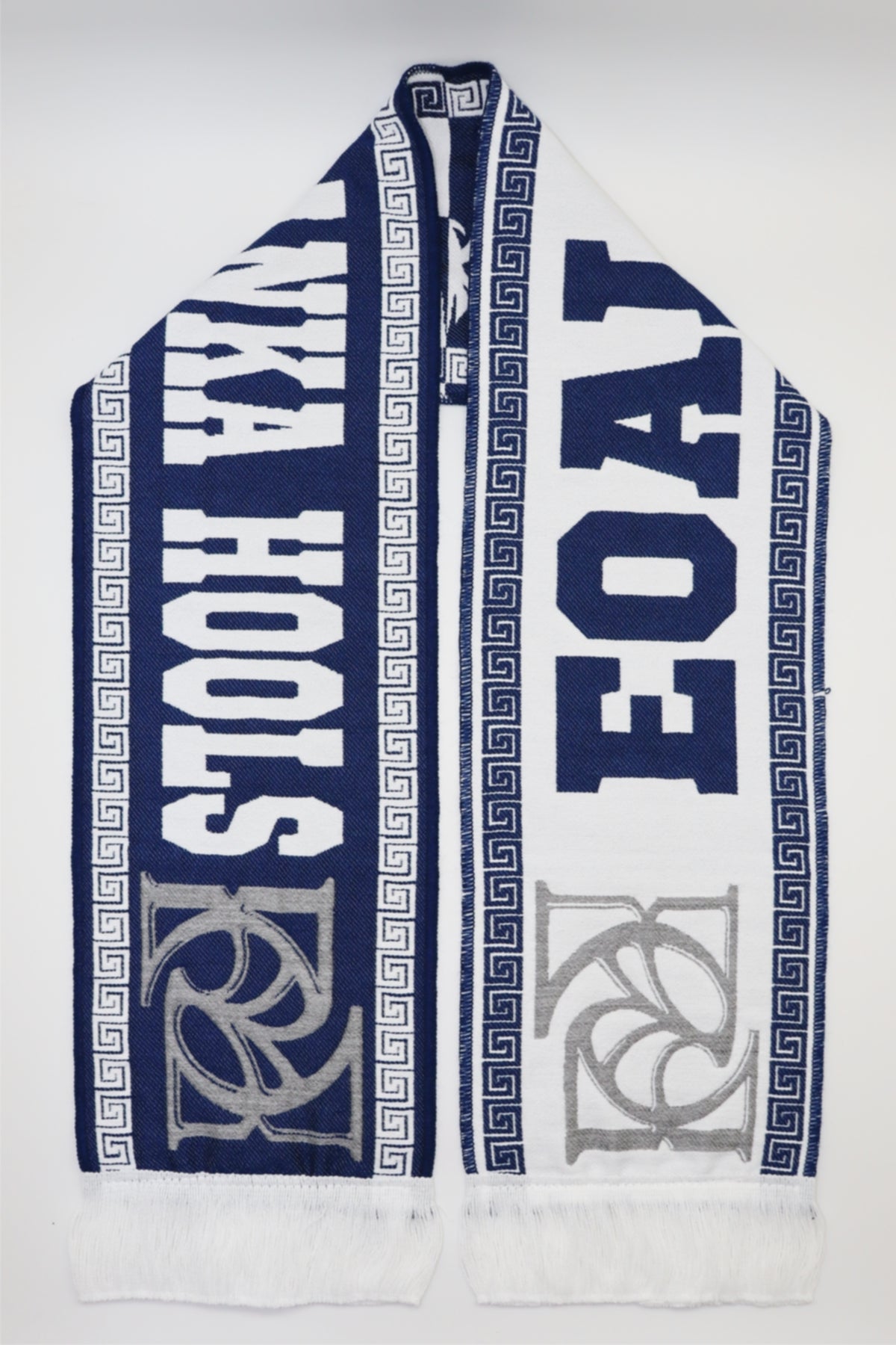 Custom woven supporter scarf example — Greek key pattern hooligan design in navy blue and white