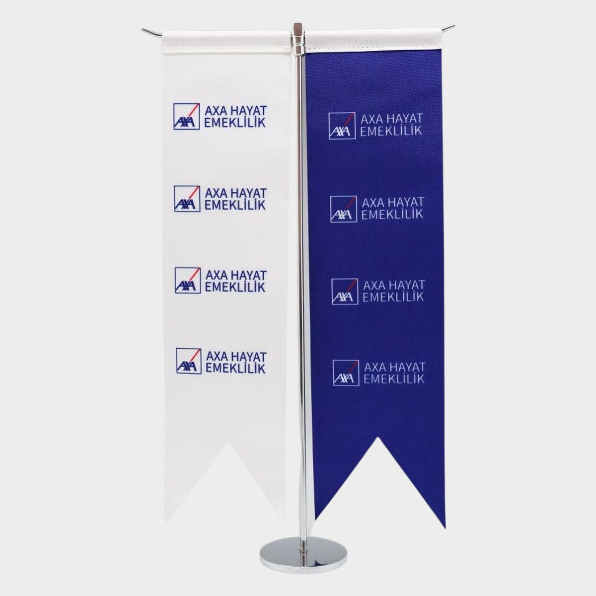 Logo Baskılı Kırlangıç T Model Masa Bayrağı, krom direkli, 8 × 32 cm bayrak, ağırlıklı kaide (1)