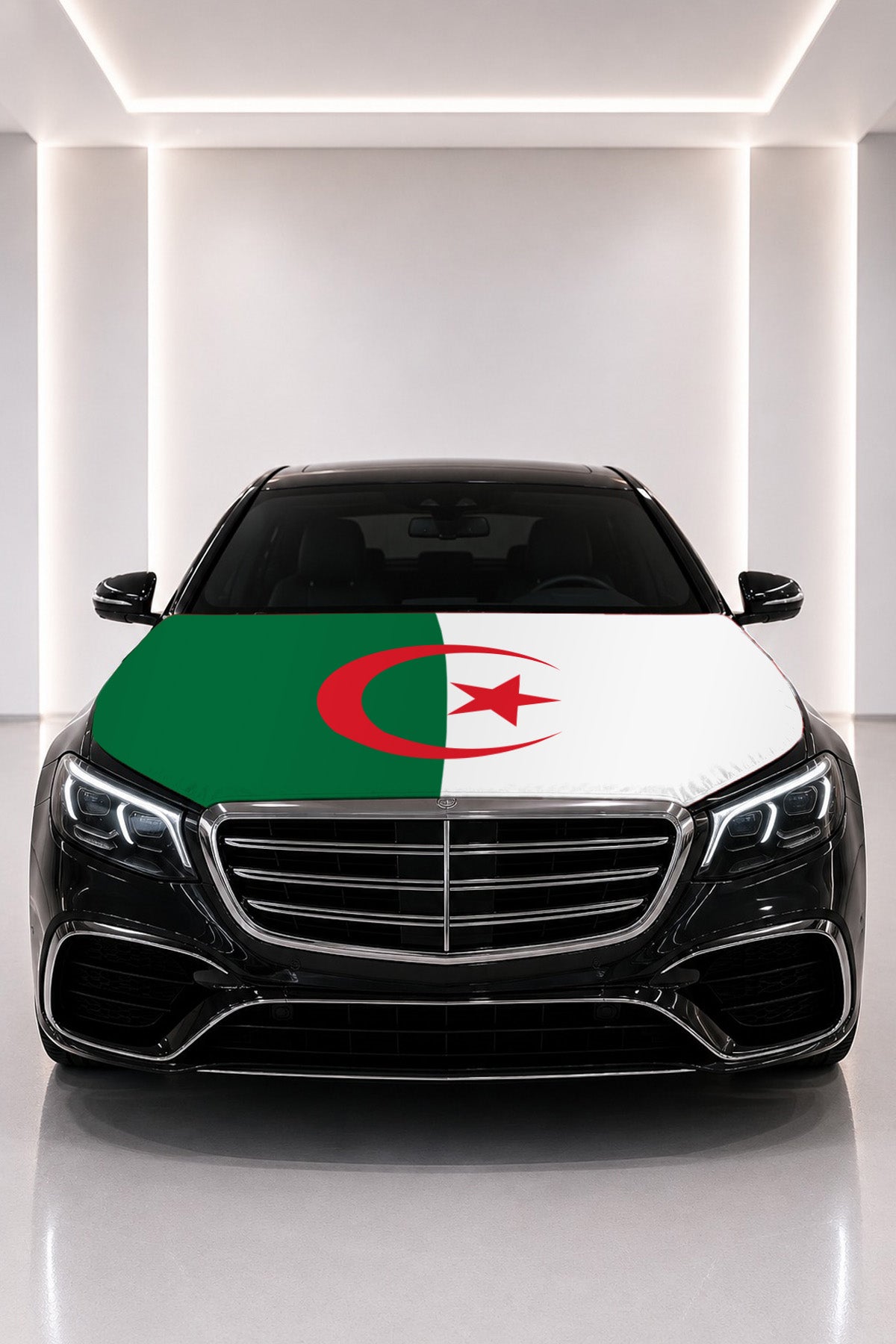 Algeria flag car hood cover fitted on a black car bonnet