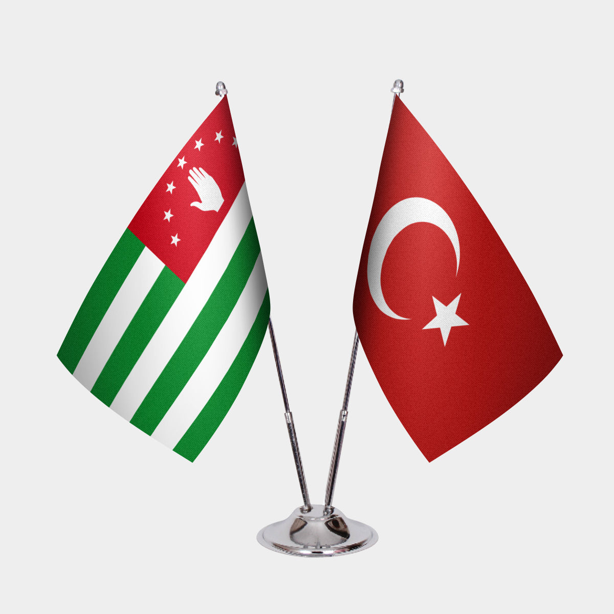 Abkhazia and Turkey desk flag set with chrome pole and base