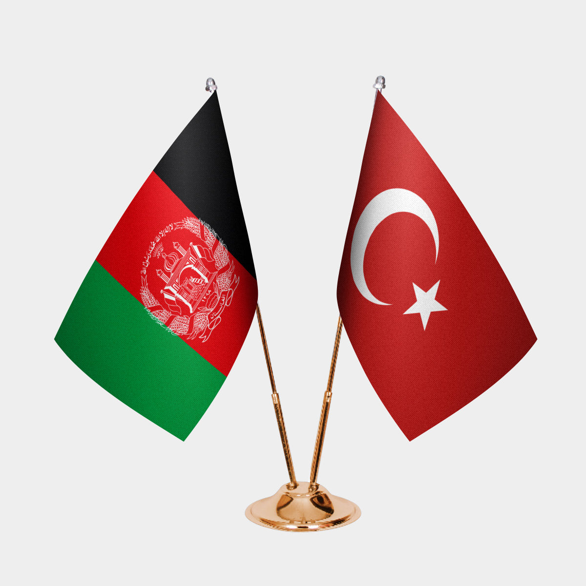 Afghanistan and Turkey desk flag set with gold pole and base