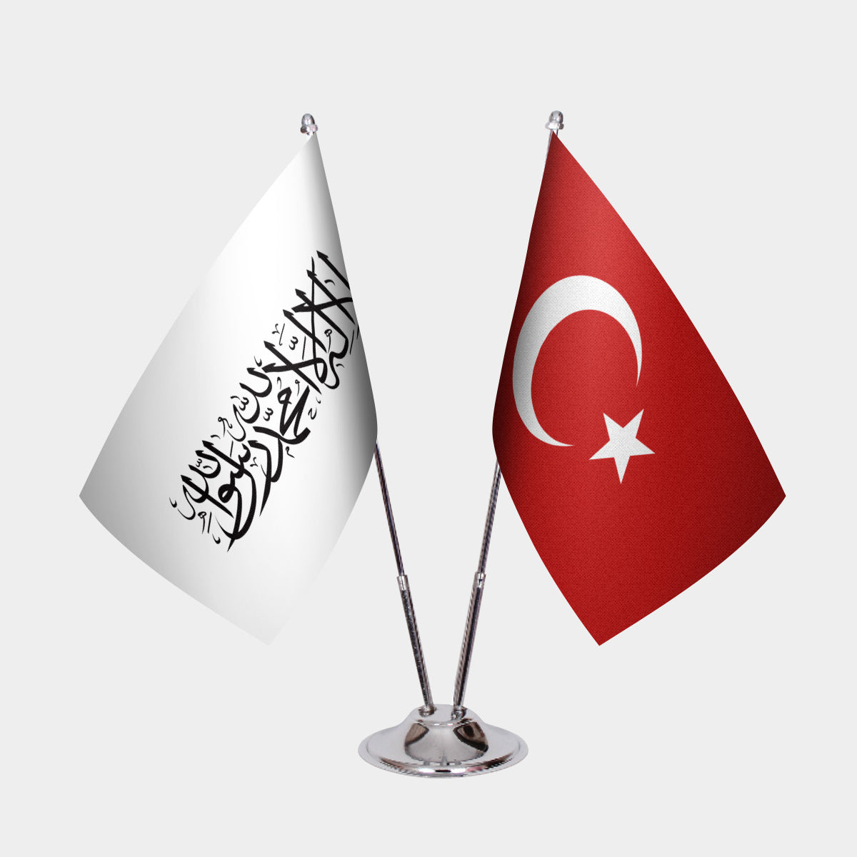 Afghanistan (New Flag) and Turkey desk flag set with chrome pole and base
