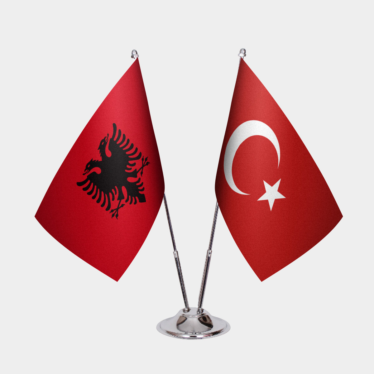 Albania and Turkey desk flag set with chrome pole and base