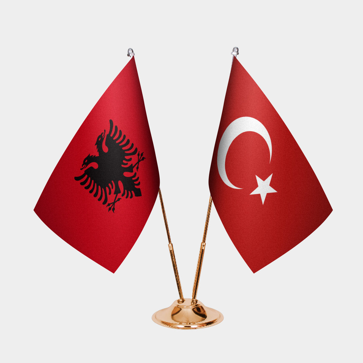 Albania and Turkey desk flag set with gold pole and base