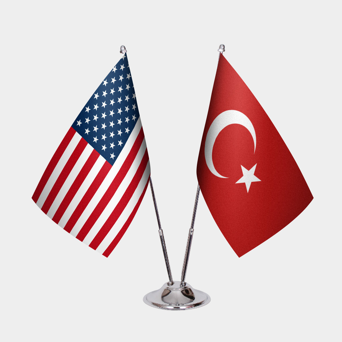 United States and Turkey desk flag set with chrome pole and base