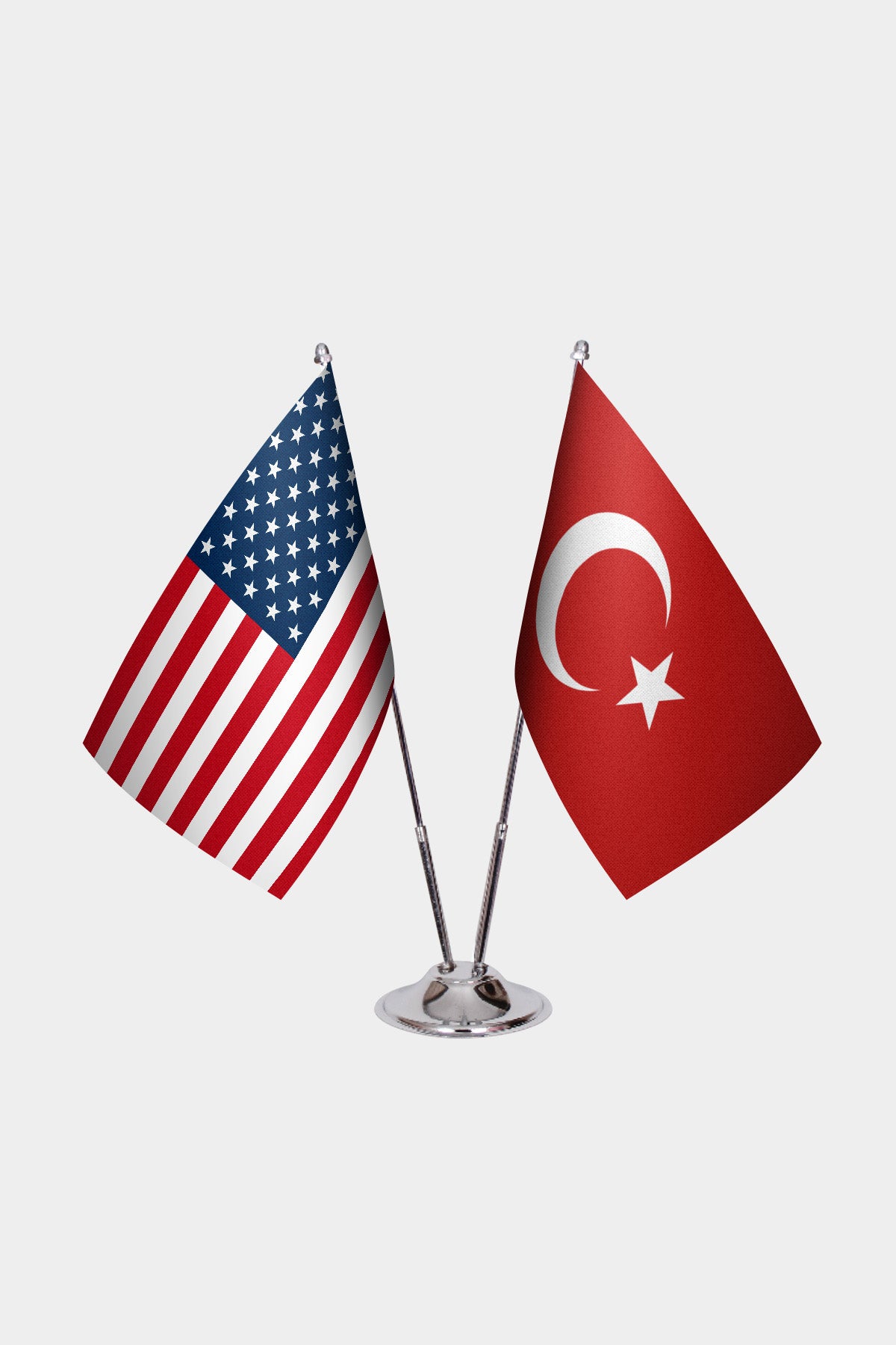 United States and Turkey desk flag set with chrome pole and base