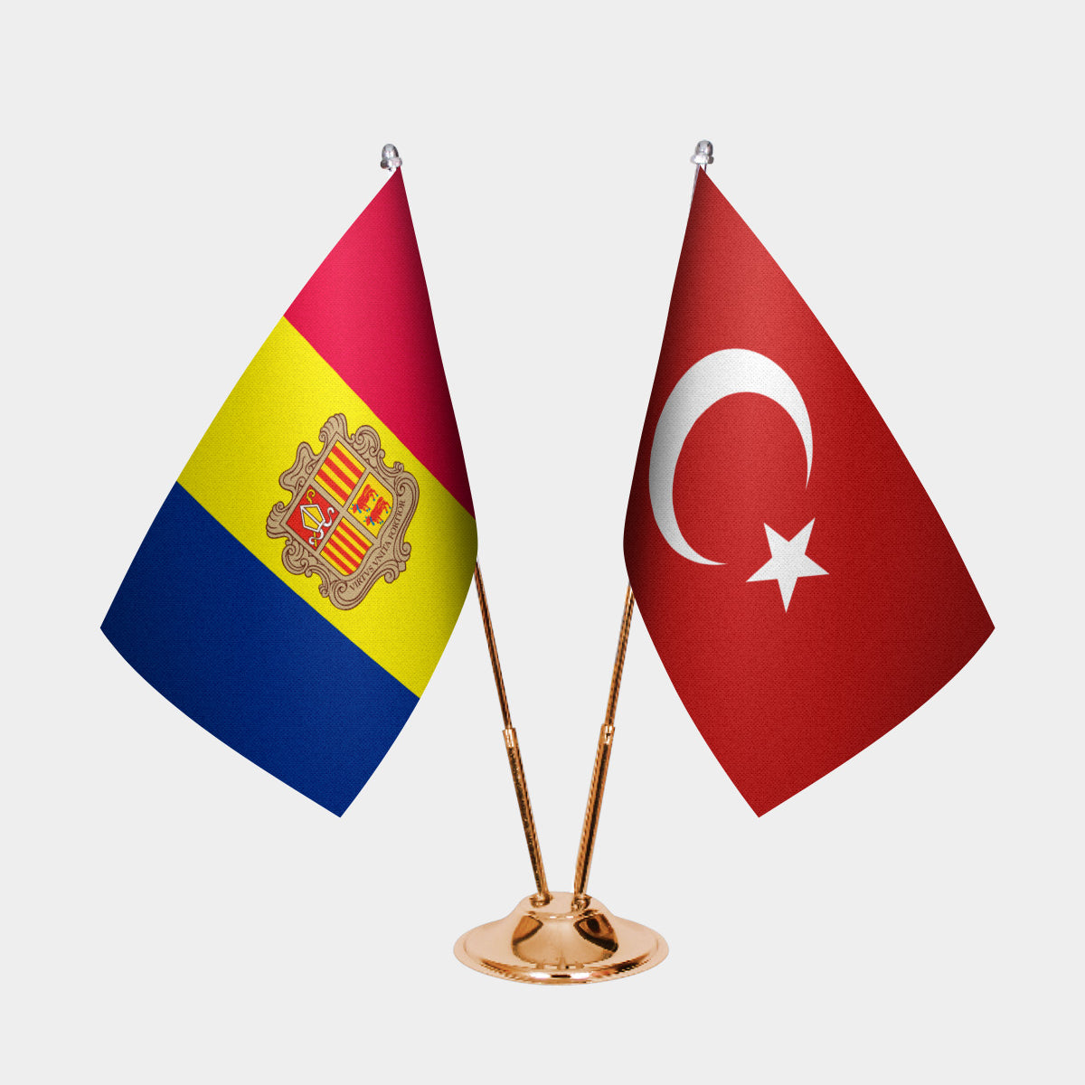 Andorra and Turkey desk flag set with gold pole and base