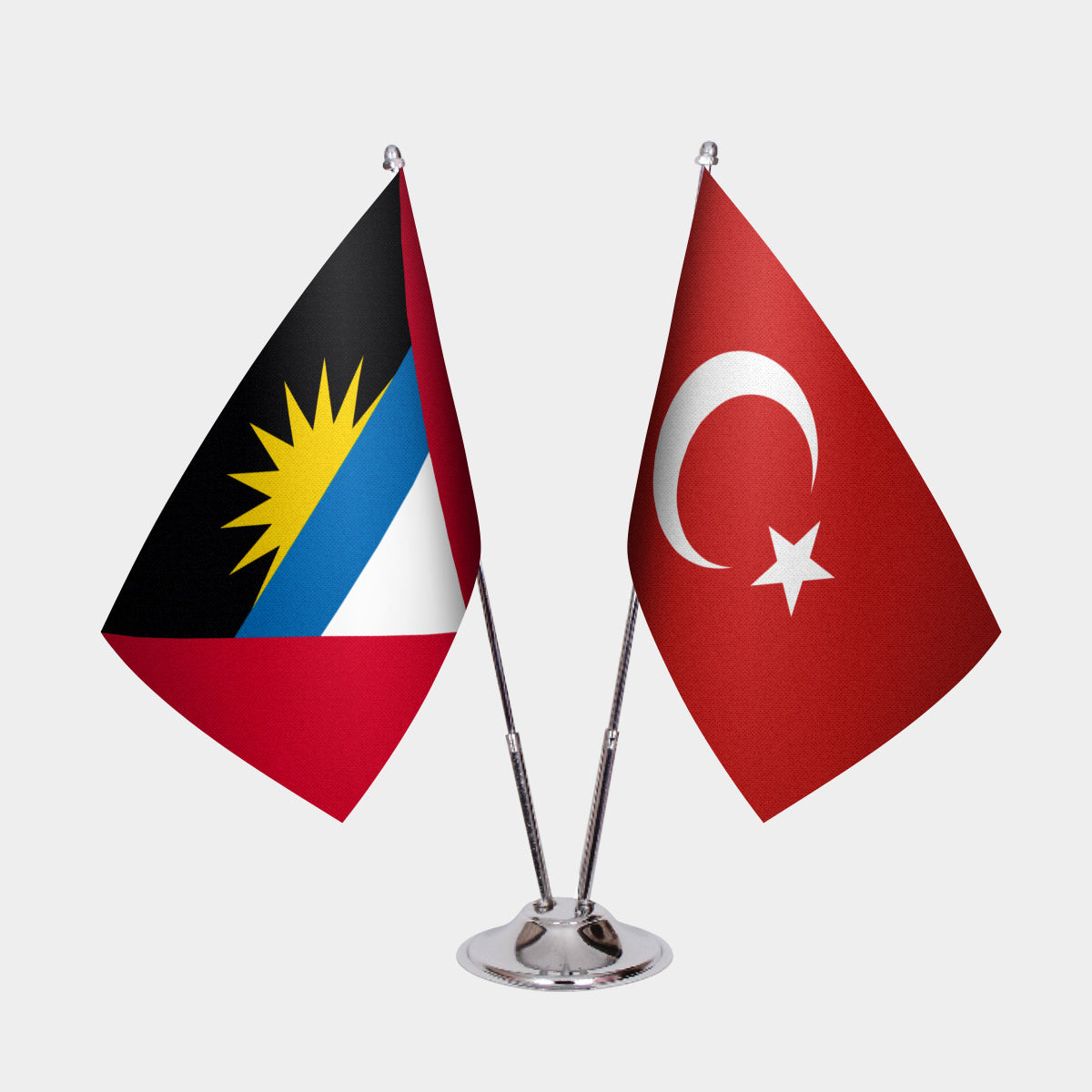 Antigua & Barbuda and Turkey desk flag set with chrome pole and base