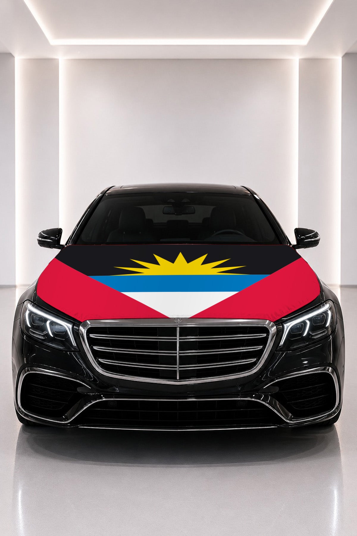 Antigua and Barbuda flag car hood cover fitted on a black car bonnet