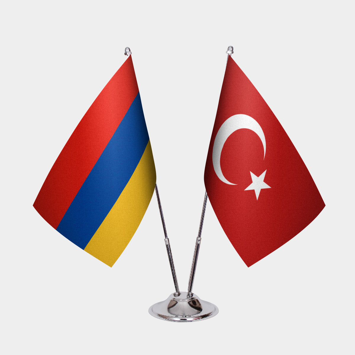 Armenia and Turkey desk flag set with chrome pole and base
