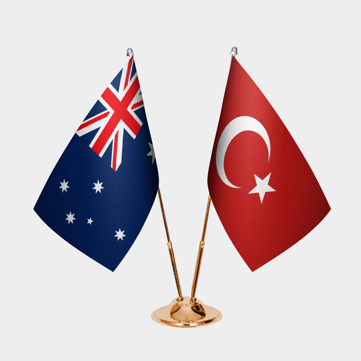 Australia and Turkey desk flag set with gold pole and base