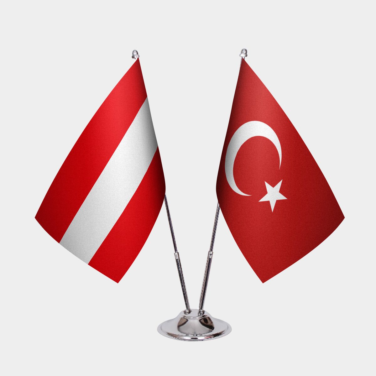Austria and Turkey desk flag set with chrome pole and base