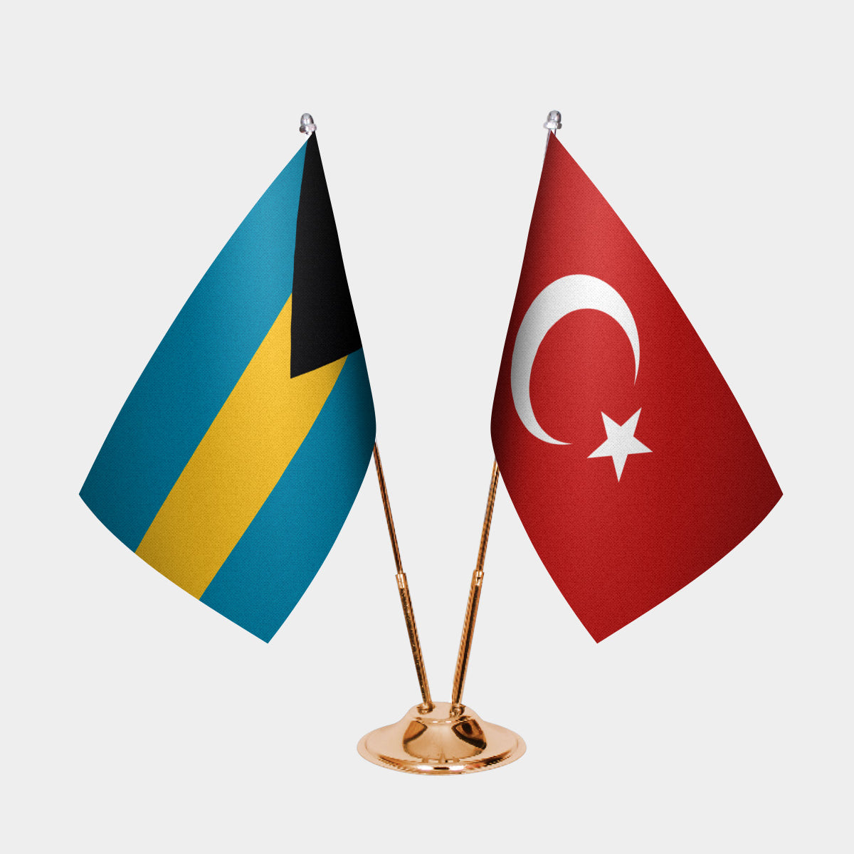 Bahamas and Turkey desk flag set with gold pole and base
